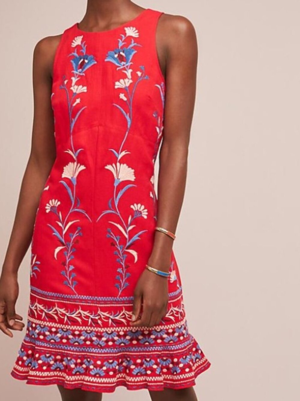 Anthropologie Akemi + Kin Lila Red Floral Embroidered Linen Blend Dress Size XL